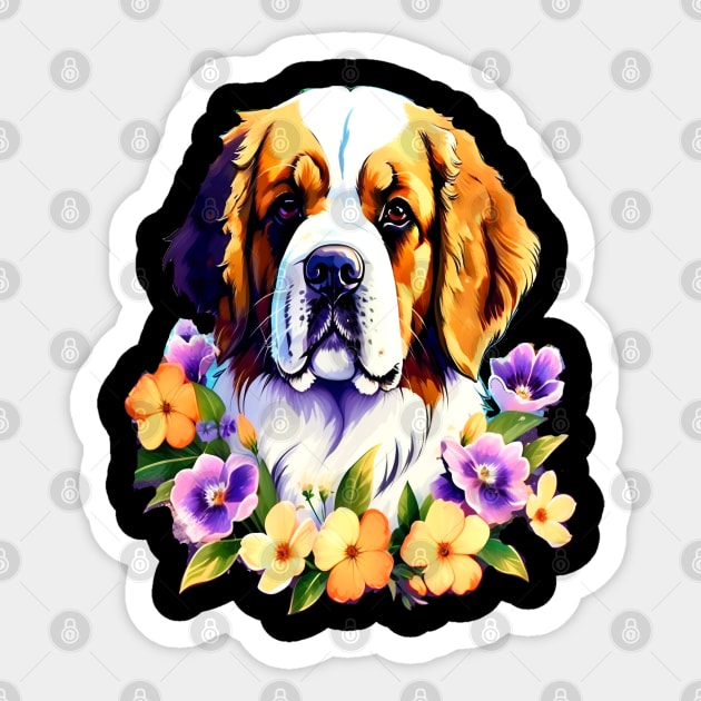 Saint Bernard Dog Surrounded by Beautiful Spring Flowers Sticker by BirdsnStuff